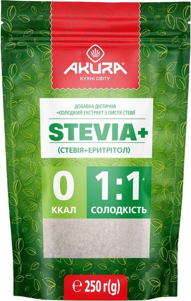 Добавка дієтична "Солодкий екстракт з листя стевії+еритрол, 70г, AKURA фото