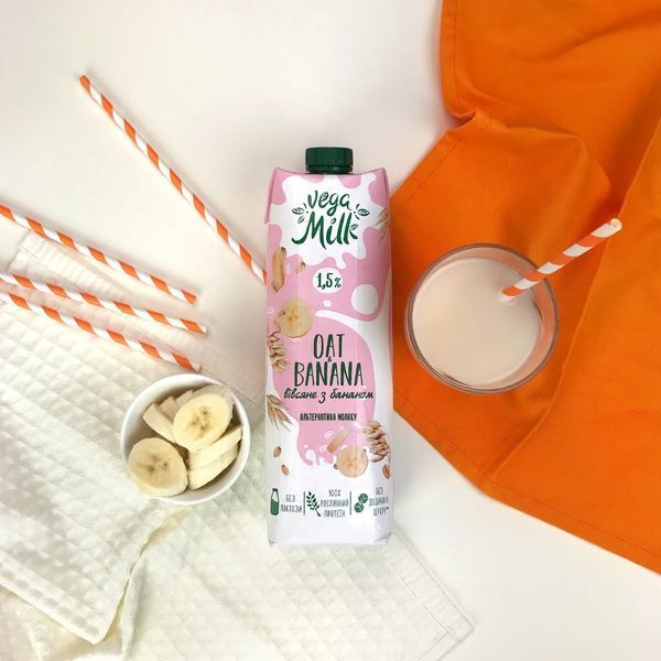 Растительное молоко овсяное с бананом, без сахара, на стевии, 950 мл, Vega Milk фото