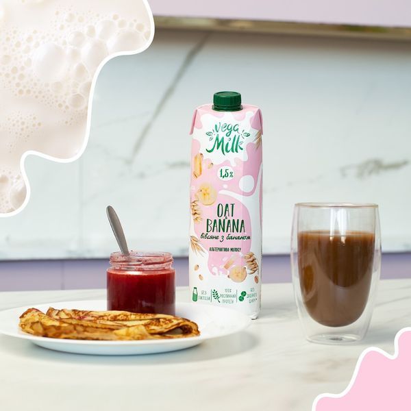 Растительное молоко овсяное с бананом, без сахара, на стевии, 950 мл, Vega Milk фото