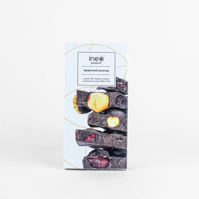 Чорний крафтовий шоколад (70%) з фундуком та вишнею, на тростинному цукрі, 100 г, Ineo фото