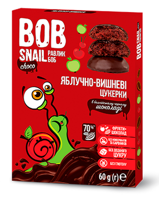 Натуральні Яблучно-Вишневі цукерки у чорному шоколаді, 60г SNAIL BOB фото