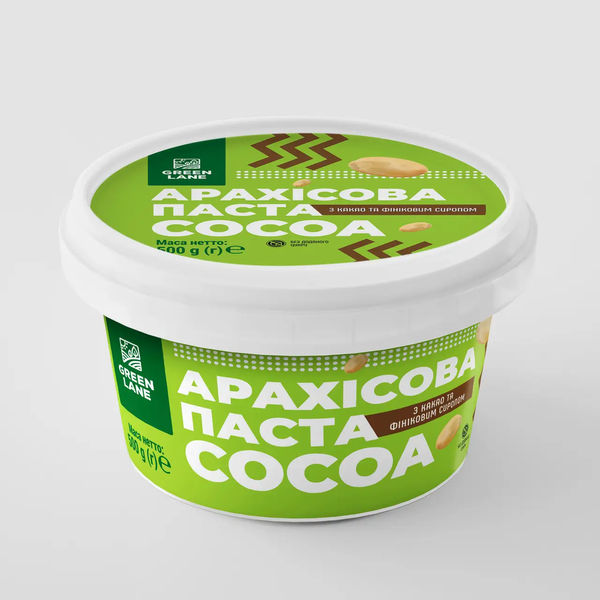 Натуральная арахисовая паста Cocoa с какао и финиковым сиропом, без сахара, 500 г, Green Lane фото