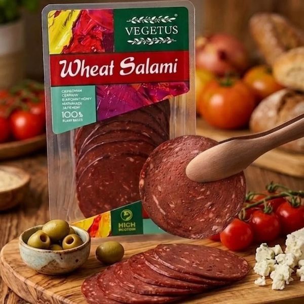 Слайсы из сейтана со специями, натурального копчения, WHEAT SALAMI, 100 г, Vegetus фото