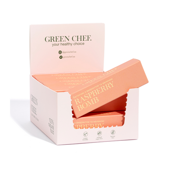 Батончик натуральный Raspberry Bomb без лактозы, с сиропом топинамбура, 20 г, Green Chef фото